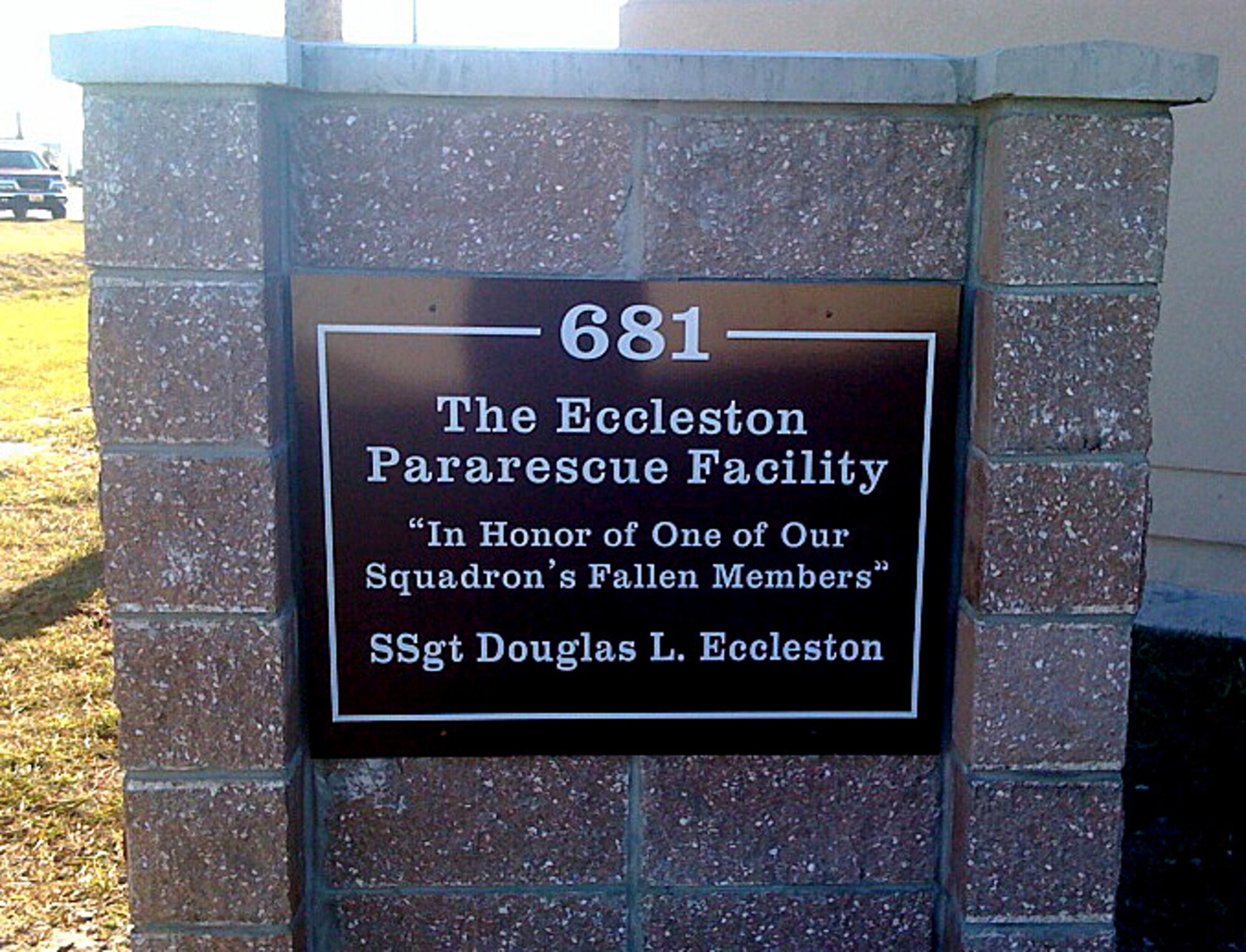 The parachute rigging facility for the pararescue squadron at the 920th Rescue Wing, Patrick Air Force Base, Fla., was re-named in honor of Staff Sgt. Douglas Eccleston who was killed during a rescue mission, December 7, 2001. (courtesy photo)
