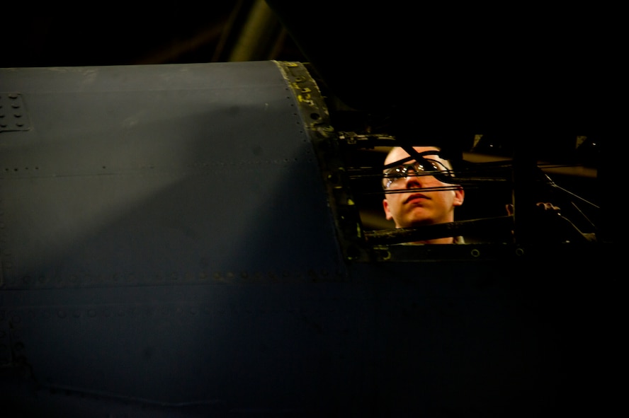 Airmen from the 5th Maintenance Squadron aerospace propulsion flight ensure B-52H Stratofortress engines are in first-rate operational condition. After graduating technical training at Sheppard Air Force Base, Texas, Airmen are proficient in maintaining, inspecting and troubleshooting aircraft engines, small gas turbine engines and engine ground support equipment. (U.S. Air Force photo/Senior Airman Brittany Y. Auld)