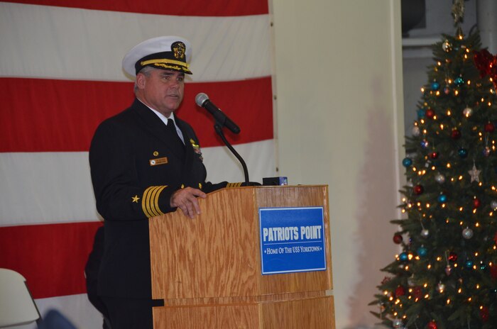 Navy Capt. Timothy Sparks, Joint Base Charleston deputy commander, addresses attendees at the 72nd Pearl Harbor Anniversary Memorial Service Dec. 7, 2013, onboard USS Yorktown at Patriots Point, Mt. Pleasant, S.C. Sparks provided the keynote address to more than 200 guests which included three Pearl Harbor survivors. During the ceremony, the names of 25 men from South Carolina who were killed in the attack were read and a bell tolled for each of their names. (Courtesy photo/Holly Jackson)