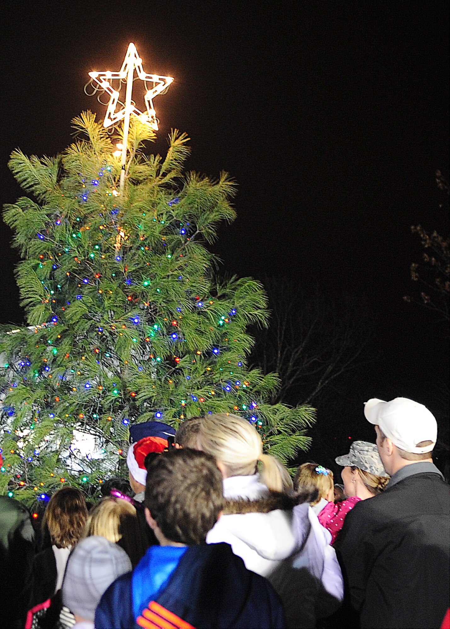 Team Dover members watch as the Christmas Tree is lit during the tree lighting ceremony Dec. 5, 2013, on Dover Air Force Base, Del. Col. Rick Moore, 436th Airlift Wing commander, lit the tree following a parade through base housing. (U.S. Air Force photo/Airman 1st Class Ashlin Federick)