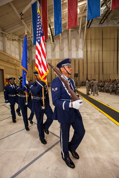 Airmen of the 108th Wing Honor Guard practice prior to the 108th Contingency Response Group’s Assumption of Command ceremony at Joint Base McGuire-Dix-Lakehurst, N.J., Dec. 8, 2013. (U.S. Air National Guard photo by Master Sgt. Mark C. Olsen)
