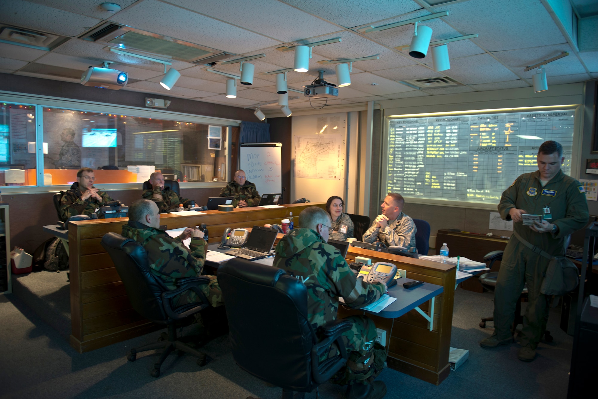 The Crisis Action Team (CAT) guides the 167th Airlift Wing's response to incidents during the readiness exercise New Horizon, Nov. 19 at the Martinsburg, W.Va. base. The CAT is comprised of senior leaders who make decisions based on information provided to them by the wing’s emergency operation center. (Air National Guard photo by Tech. Sgt. Michael Dickson)