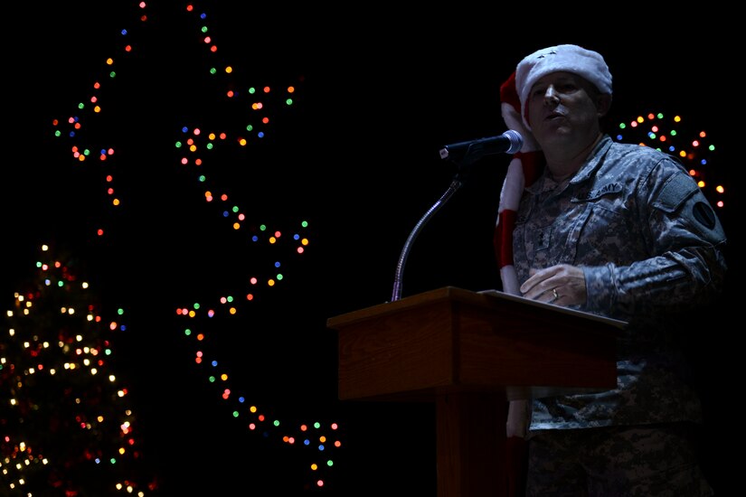 U.S. Army Maj. Gen. Ross Ridge, Initial Military Training Center of Excellence deputy commanding general, gives remarks during the Christmas tree lighting ceremony at Fort Eustis, Va., Dec. 6, 2013. The annual ceremony traditionally marks the start of the holiday season. (U.S. Air Force photo by Staff Sgt. Ciara Wymbs/Released)