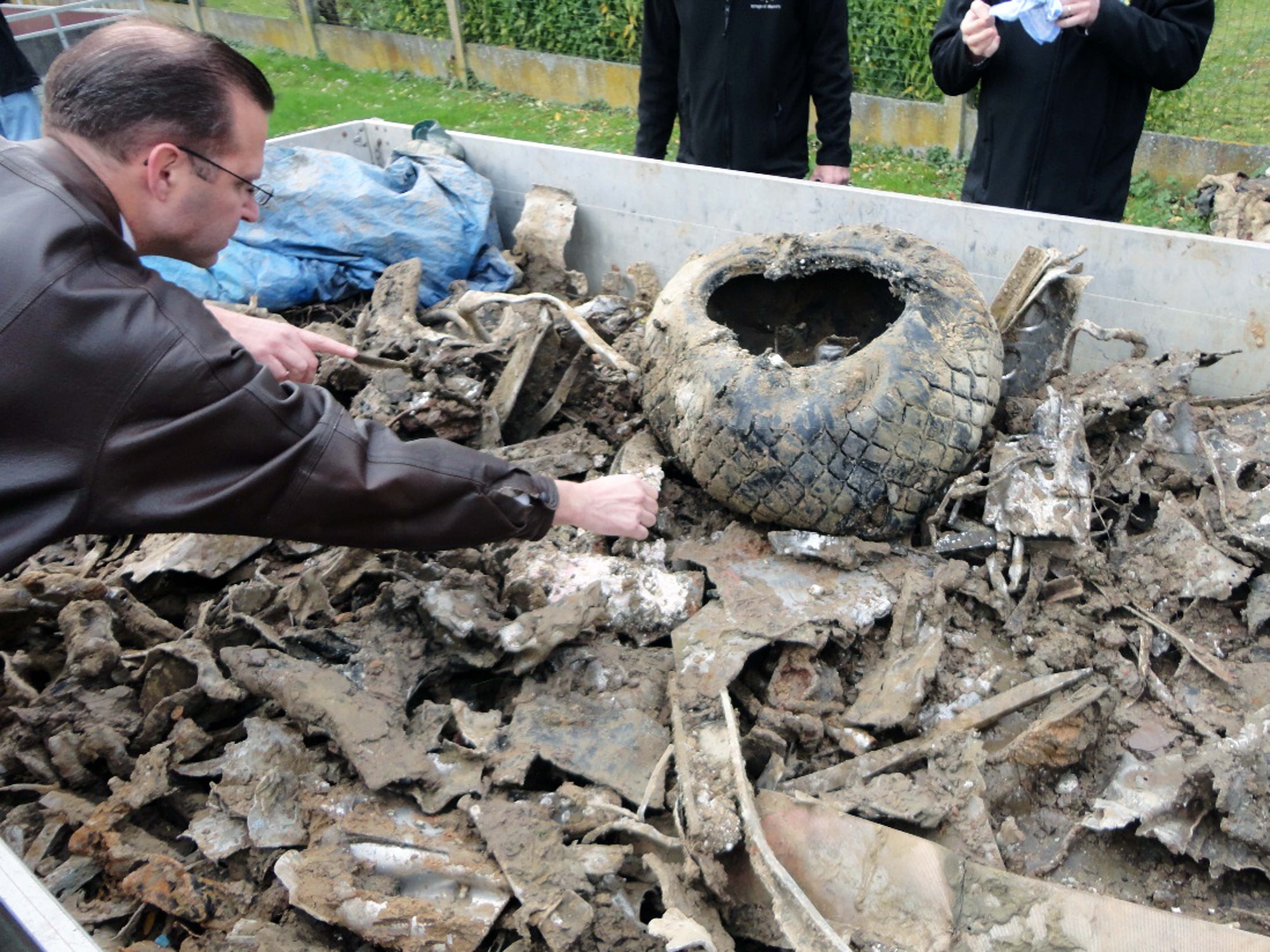 Parts from a P-51 Mustang aircraft that belonged to the 335th Fighter Squadron involved in a mid-air collision during World War II were found in Belgium. The main artifacts will be donated to the 335th FS, Seymour Johnson Air Force Base, for historical preservation. (Courtesy Photo)