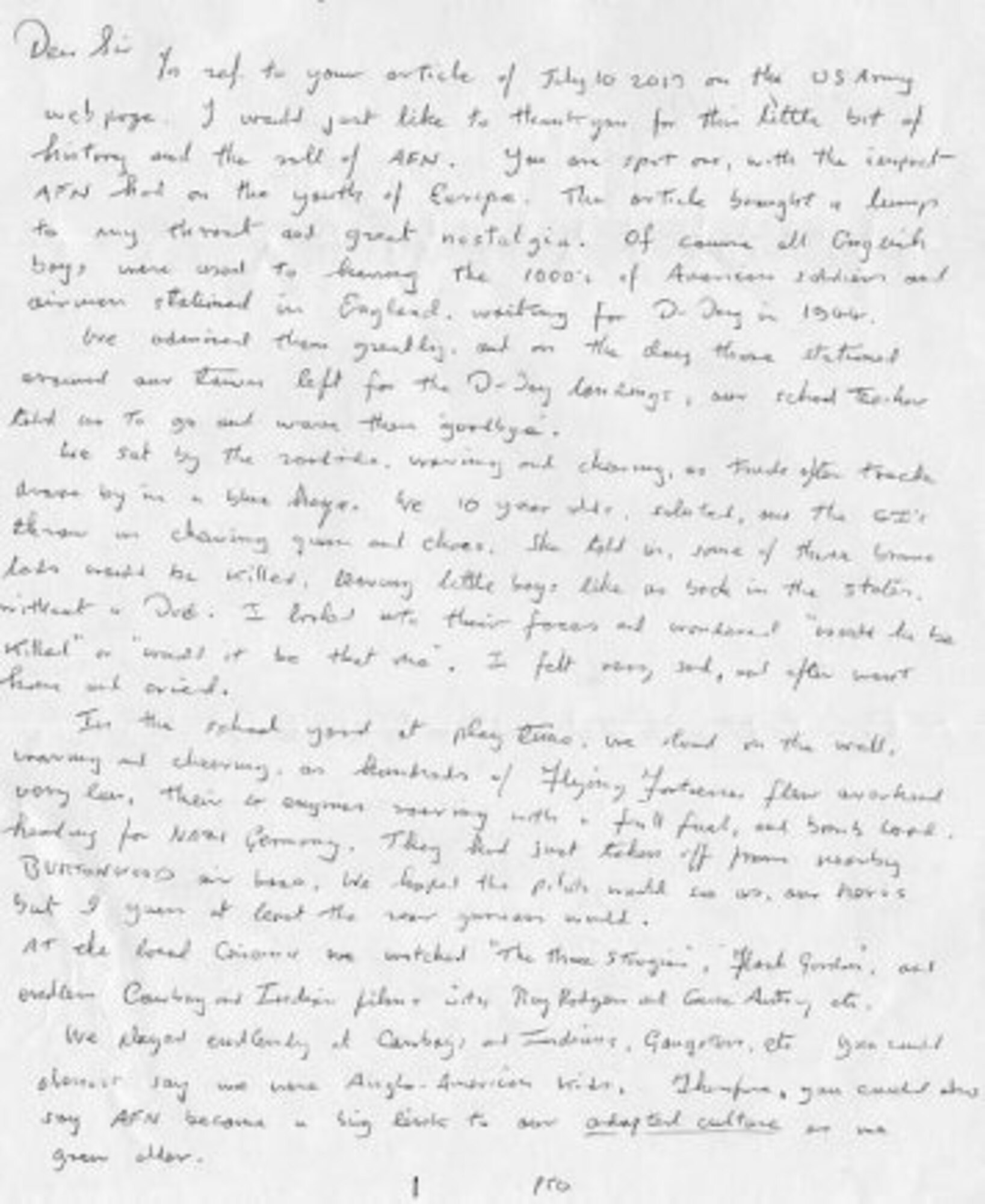 The handwritten letter that 78-year-old Geoff Pollitt sent to AFN Europe.
