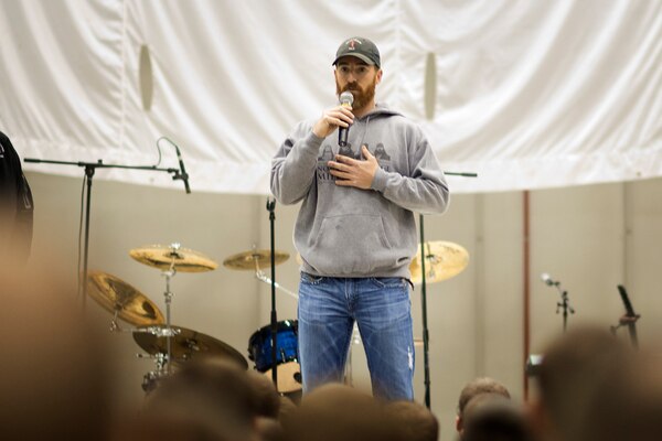 Washington Nationals first-baseman Adam LaRoche, talks with Soldiers, Sailors, Marines and DOD civilians during a USO show at Bagram, Afghanistan on Dec 9, 2013. The USO Holiday Tour brought a variety of celebrities on board, including reality television stars Willie and Jep Robertson from "Duck Dynasty," Washington Nationals first-baseman Adam LaRoche, comedian Nephew Tommy, pop singer Bridget Kelly, and actress Allison Haislip. DOD Photo by D. Myles Cullen Digital