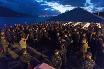 Chairman of the Joint Chiefs Gen. Martin E. Dempsey meets with Sailors of the Arleigh Burke-class guided-missile destroyer USS Stout in Souda Bay , Greece, Dec 7, 2013. "Having the Stout out here, on point for the nation, allows me to have a certain amount of confidence that we will manage through anything," Dempsey said. "What I hope the sailors get out of my visit here is a sense of how deeply we appreciate what they are doing. This really sophisticated piece of equipment is really only as good as the men and women who man it, so I want to make sure that I get a chance to tell them personally how much I appreciate what they are doing." DOD Photo by D. Myles Cullen Digital
