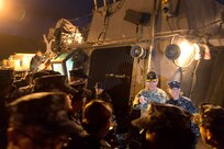 Chairman of the Joint Chiefs Gen. Martin E. Dempsey meets with Sailors of the Arleigh Burke-class guided-missile destroyer USS Stout in Souda Bay , Greece, Dec 7, 2013. "Having the Stout out here, on point for the nation, allows me to have a certain amount of confidence that we will manage through anything," Dempsey said. "What I hope the sailors get out of my visit here is a sense of how deeply we appreciate what they are doing. This really sophisticated piece of equipment is really only as good as the men and women who man it, so I want to make sure that I get a chance to tell them personally how much I appreciate what they are doing." DOD Photo by D. Myles Cullen Digital