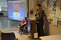 Special Emphasis Program Manager/Equal Employment Opportunity Specialist Andrew Dankel-Ibanez (right)  introduces Ruth Johnson (left), keynote speaker at the Walla Walla District observance of National Disability Employment Awareness Month. This year’s theme was “Because we are EQUAL to the task.”