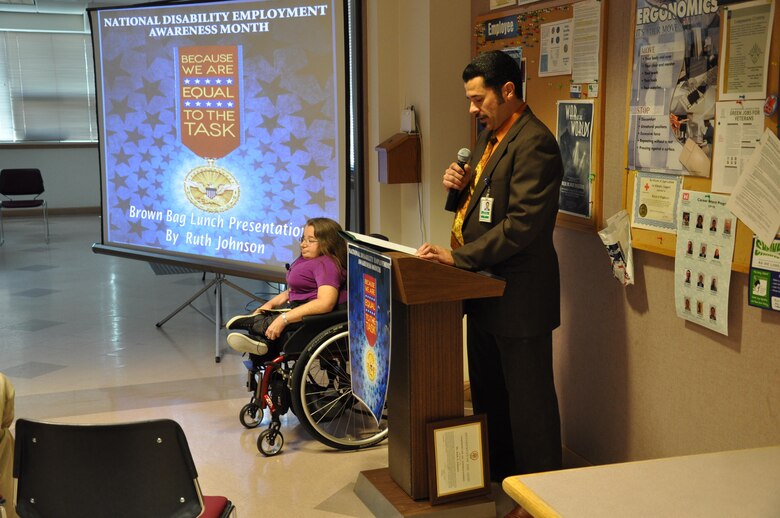 Special Emphasis Program Manager/Equal Employment Opportunity Specialist Andrew Dankel-Ibanez (right)  introduces Ruth Johnson (left), keynote speaker at the Walla Walla District observance of National Disability Employment Awareness Month. This year’s theme was “Because we are EQUAL to the task.”