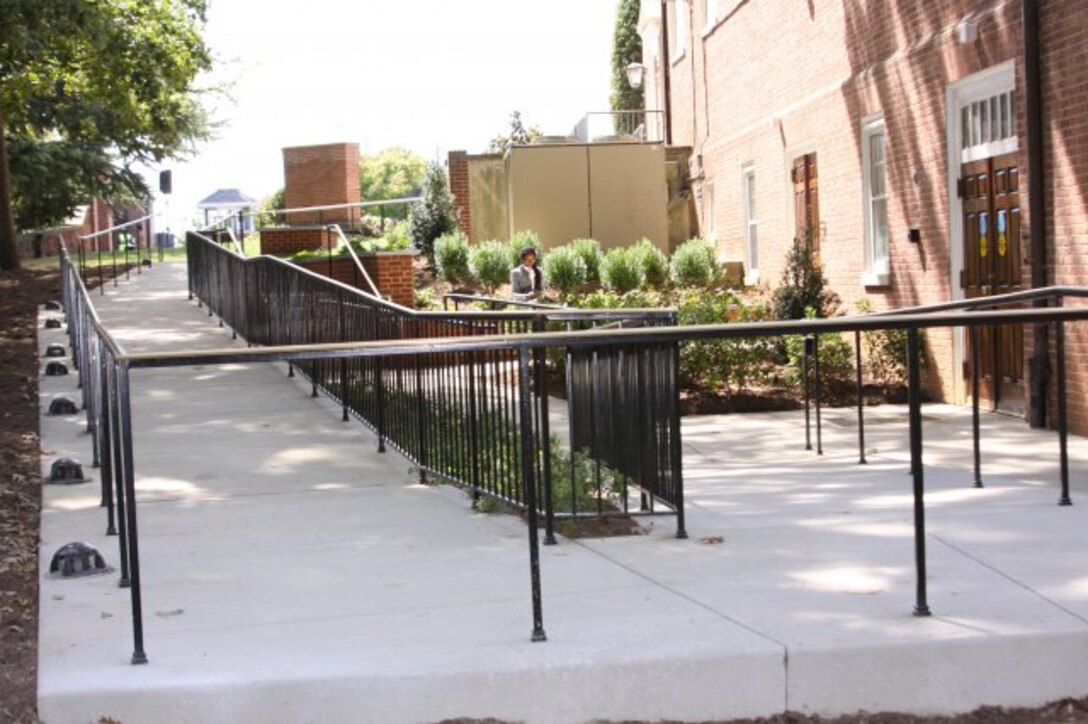 The Baltimore District design team solved several key problems with an Americans with Disabilities-compliant ramp that provides easy access for both the main chapel and reception area. The ramp included benches, for personal reflection, that face Arlington Cemetery to the left.  