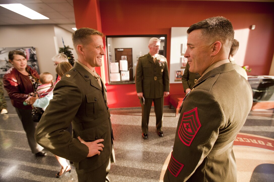 Maj. Robb McDonald, air officer with 1st Marine Special Operations Battalion, from Yuma, Ariz., speaks to members of the official party before receiving the Silver Star for his efforts against an enemy attack aboard Camp Bastion, Afghanistan in 2012. Lt. Gen. John A. Toolan, commanding general of I Marine Expeditionary Force pinned the nation’s third highest award on McDonald aboard Camp Pendleton, Calif., Dec. 9.

