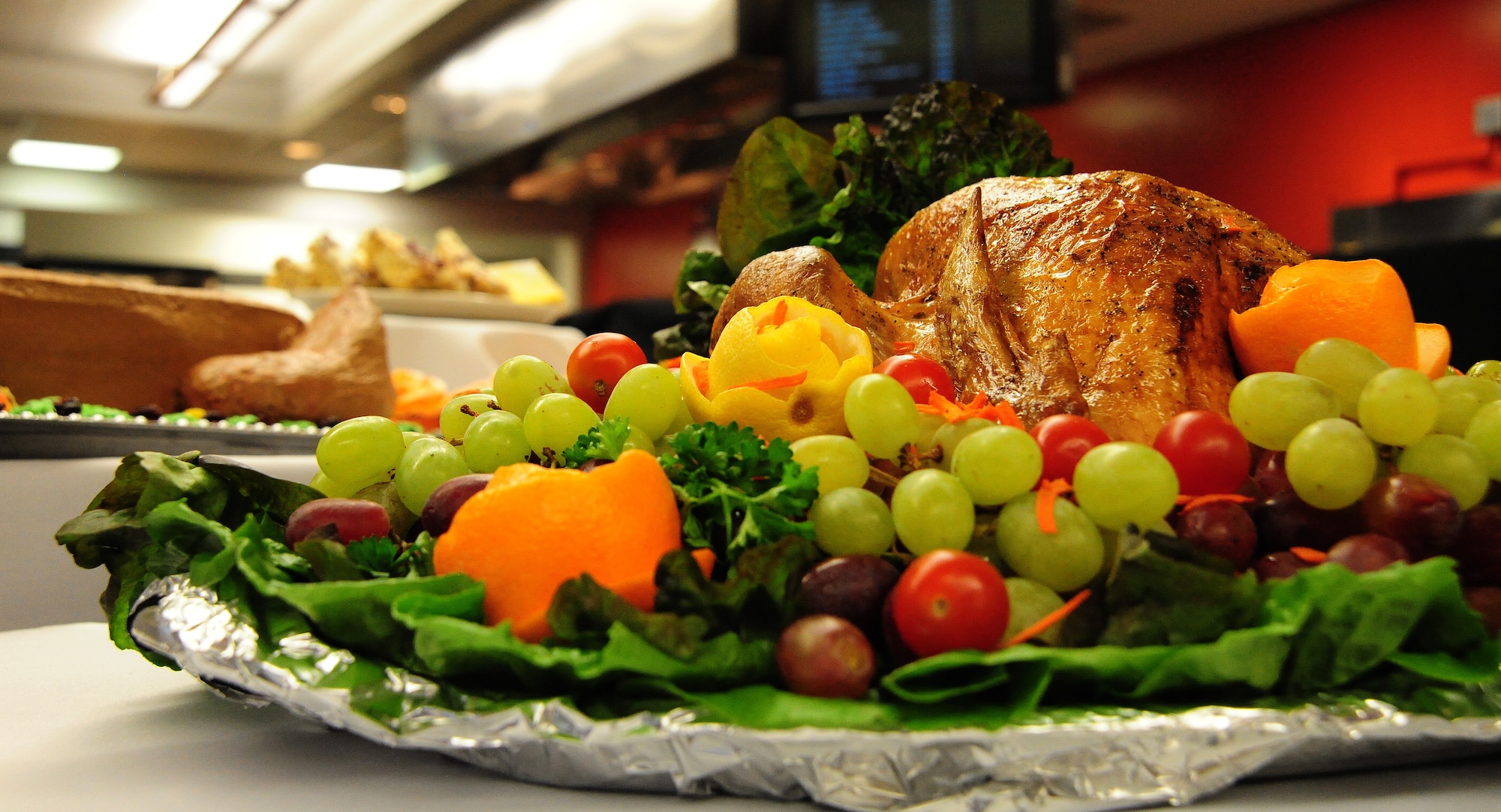 A Thanksgiving Day Turkey sits on display during a Thanksgiving luncheon at the Ozark Inn on Whiteman Air Force Base, Mo., Nov. 28, 2013. During the luncheon Airmen were treated to traditional Thanksgiving foods such as turkey, stuffing, peas, carrots, corn and mashed potatoes. (U.S. Air Force photo by Staff Sgt. Nick Wilson/Released)