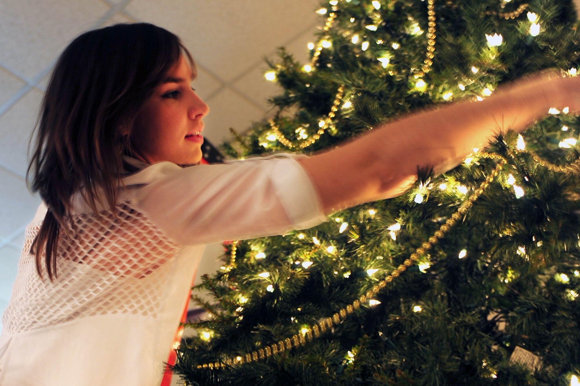 A member of the Officer and Civilian Spouses’ Club, a private organization which helps military spouses get involved with the base community, decorates a holiday tree at Heritage Hall, at Seymour Johnson Air Force Base, N.C., Nov. 22, 2013. The club decorates Heritage Hall every year to bring holiday cheer. (U.S. Air Force photo by Maj. Amber Millerchip)