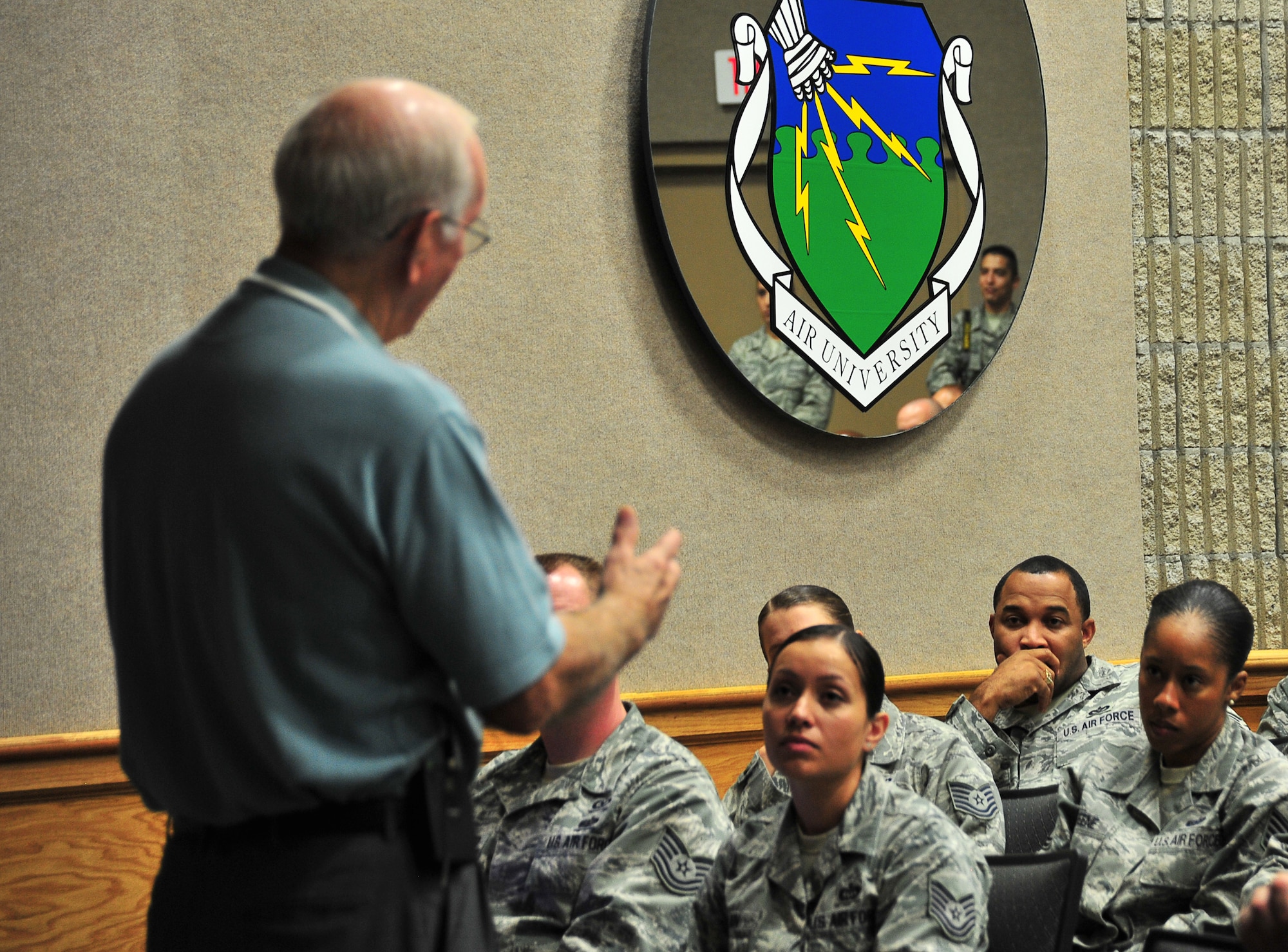 The eighth Chief Master Sergeant of the Air Force, Sam Parish, spoke to Paul Airey NCO Academy students Dec. 5 at the NCOA auditorium. Parish is known for establishing the John Levitow Award, which is awarded to the top graduate for each level of Professional Military Education, and implementing the First Sergeant of the Year Program Air Force wide. (U.S. Air Force photo by Airman 1st Class Sergio A. Gamboa)