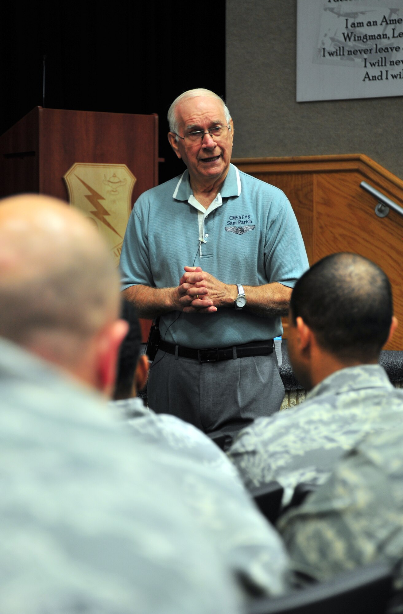 The eighth Chief Master Sergeant of the Air Force, Sam Parish, spoke to Paul Airey NCO Academy students Dec. 5 at the NCOA auditorium. Parish is known for establishing the John Levitow Award, which is awarded to the top graduate for each level of Professional Military Education, and implementing the First Sergeant of the Year Program Air Force wide. (U.S. Air Force photo by Airman 1st Class Sergio A. Gamboa)