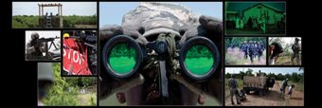 U.S. Air Force Airmen of the 307th Security Forces Squadron participate in a Patriot Defender exercise at Ft. Wolters, Texas, June 18, 2013. Patriot Defender is a two-week exercise designed to train security forces of the Air Force Reserve Command in real-world tactics used in deployed environments. (U.S. Air Force photo illustration by Tech. Sgt. Ted Daigle/Released)