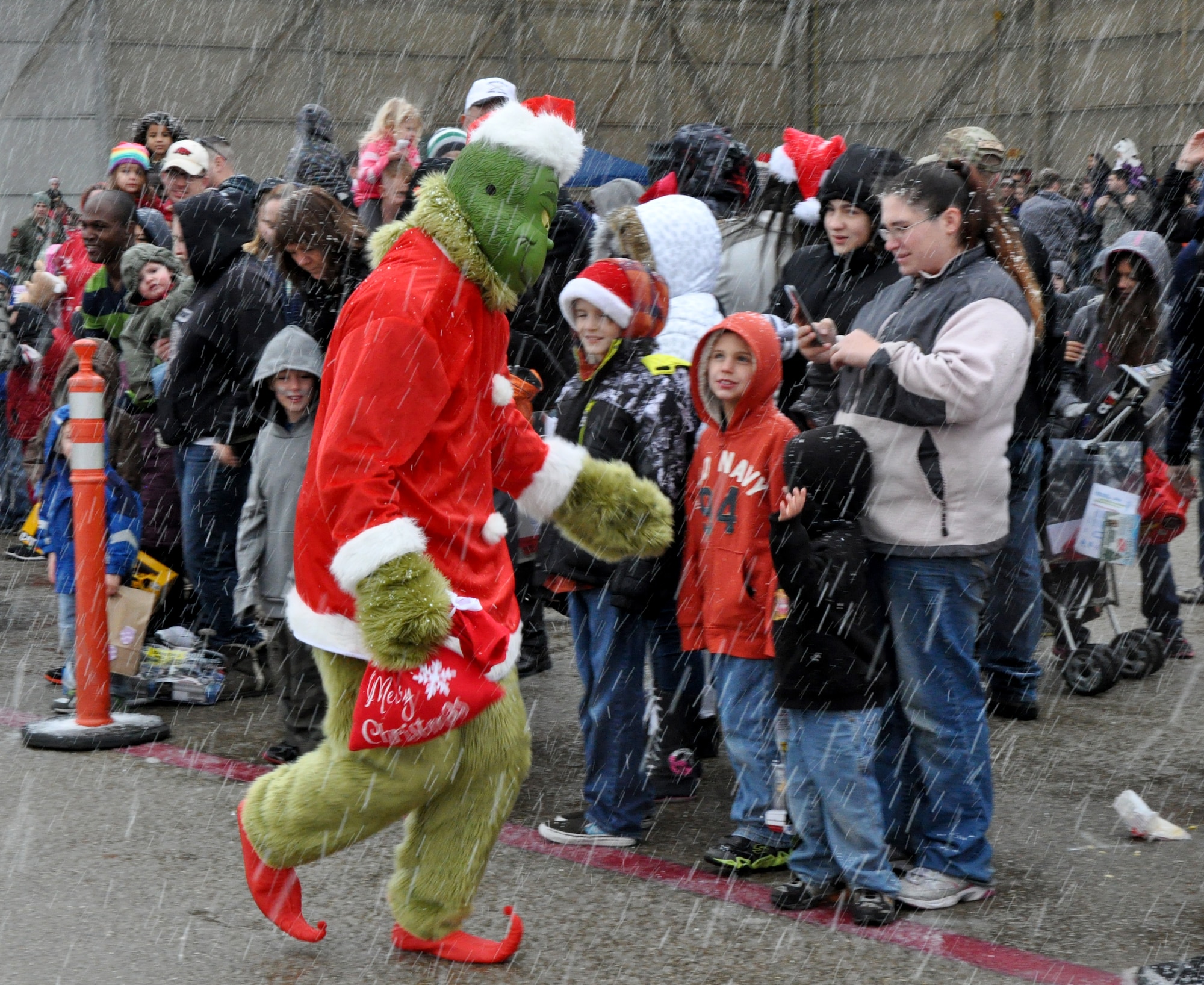 The Grinch greets children during Beale’s annual Children’s Holiday Party Dec. 7, 2013. More than 500 military families attended. (U.S. Air Force photo by Staff Sgt. Robert M. Trujillo/Released)