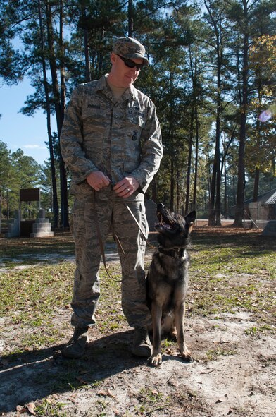 U.S. Air Force Senior Airman Brandon Johnson, 822d Base Defense Squadron K-9 handler, does obedience work with military working dog Mex at Moody Air Force Base, Ga., Dec. 2, 2013. During obedience work, MWDs need to sit, heal and lie down at the handler’s command. (U.S. Air Force photo by Airman 1st Class Sandra Marrero/Released) 
