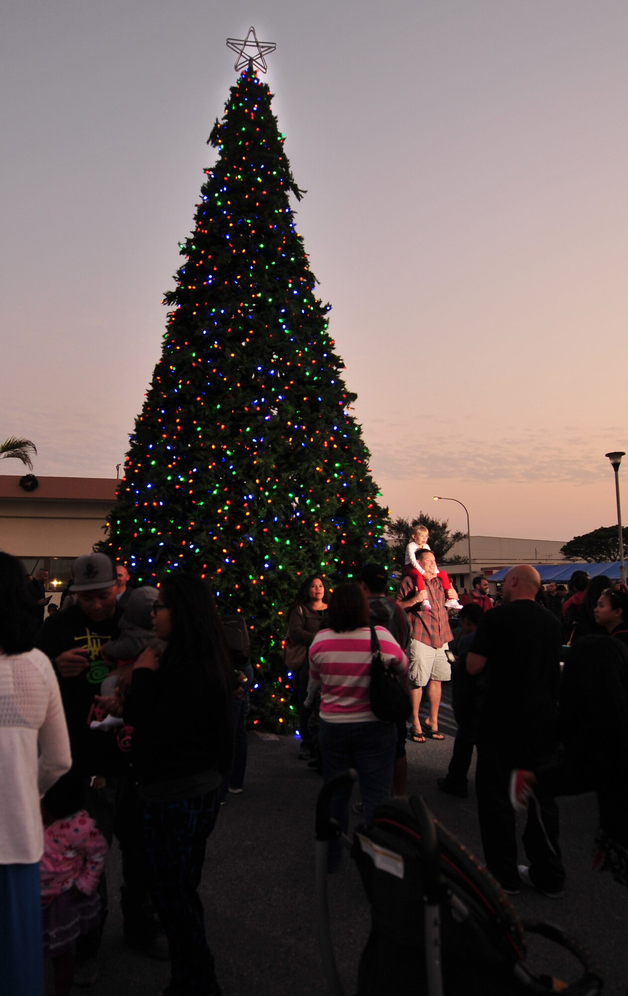 Families take photos with Team Kadena's Christmas tree after the tree lighting ceremony on Kadena Air Base, Japan, Dec. 7, 2013. The tree lighting was the last of several events at the Tinsel Town holiday festival. (U.S. Air Force photo by Staff Sgt. Rachelle Coleman)