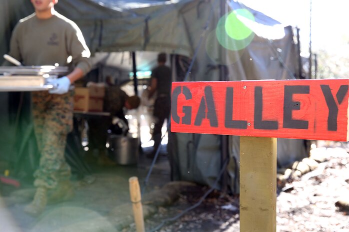 A food service specialist with Food Service Company, Combat Logistics Regiment 27, 2nd Marine Logistics Group carries cooking supplies to be cleaned during the Maj. Gen. W.P.T. Hill Field Mess Competition aboard Camp Lejeune, N.C., Dec. 11, 2013. The W.P.T. Hill Award was established in 1985 to improve food service operation and recognize the best field and garrison messes in the Marine Corps. Competitors are judged on areas such as operations, sanitation, taste and quality of food.