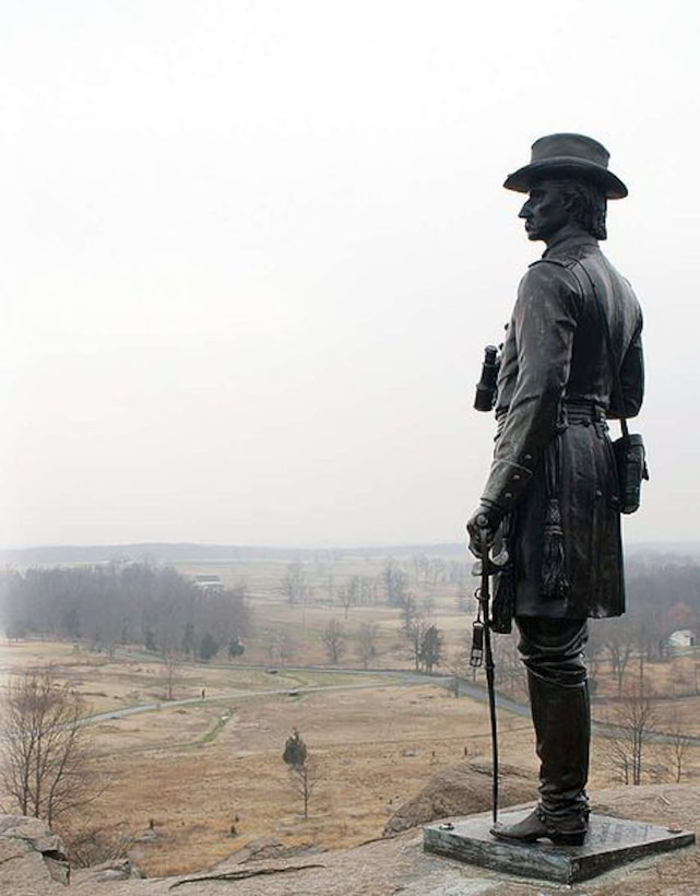 Present-day statue of G. K. Warren at Gettysburg Battlefield atop Little Round Top. 