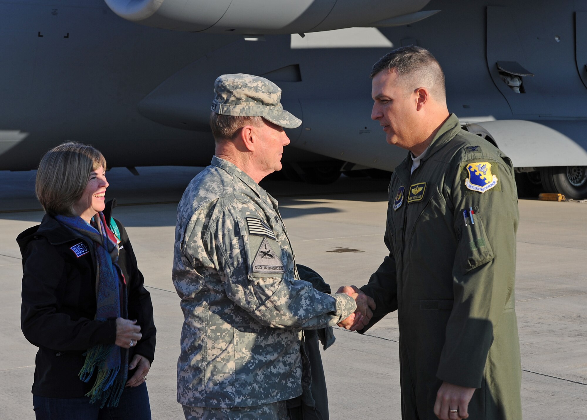 Army Gen. Martin Dempsey, Chairman of the Joint Chiefs of Staff, greets Col. Brent Vosseller Dec. 11, 2013, at Aviano Air Base, Italy. The 18th CJCS is visiting the base as part of a seven day, five-country United Services Organization tour. Vosseller is the 31st Fighter Wing vice commander. (U.S. Air Force photo/Senior Airman Matthew Lotz)