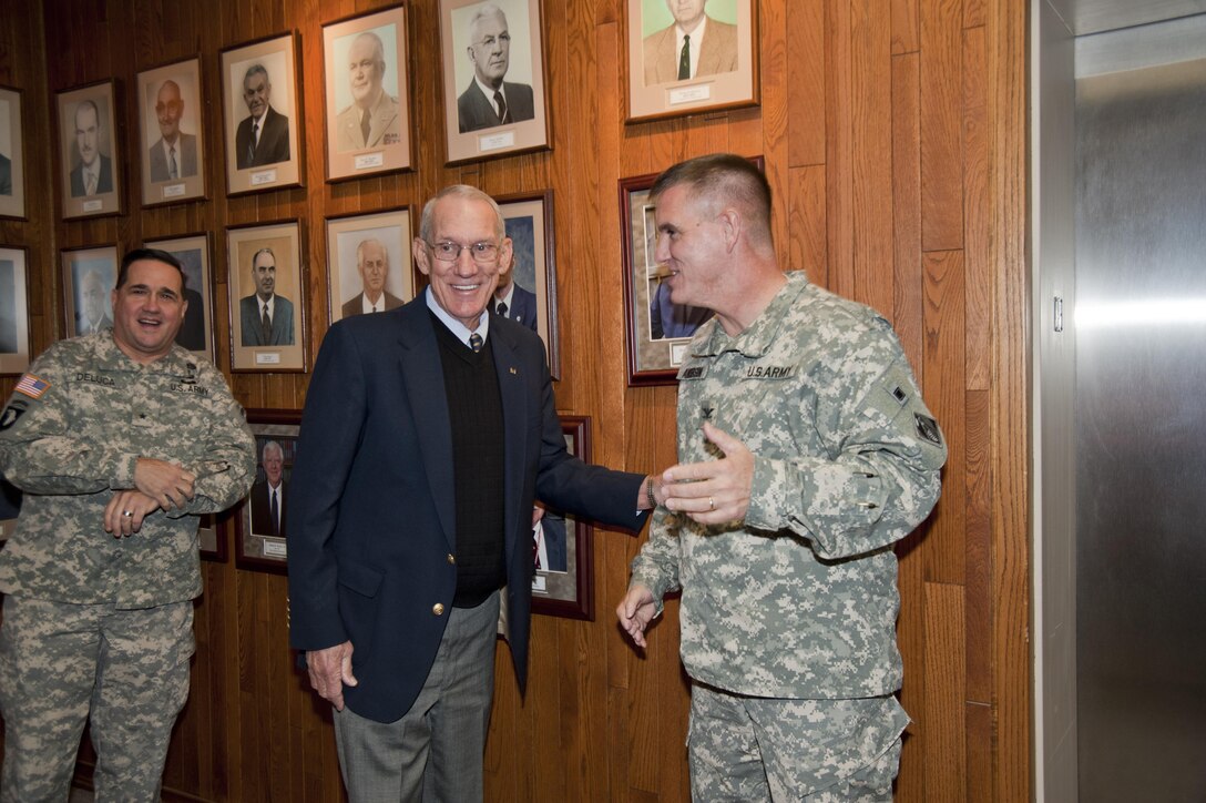 William “Bill” Duke (center), with USACE Mississippi Valley Division Commander Brig. Gen. Pete DeLuca (left) and USACE Memphis District Col. Jeff Anderson (right), hang his photo on the wall of the Memphis District’s Gallery of Distinguished Civilian Employees. Duke is the 52nd individual to receive this prestigious honor in the District’s 131-year history. He first came to work at the Memphis District in 1960 as an inspector and construction representative based in our former Helena Area Office. He worked in several other positions until his selection as the superintendant of the Huxtable Pumping Plant. He served in this most important position until his retirement Jan. 1, 2005. (USACE Photo/Brenda Beasley)