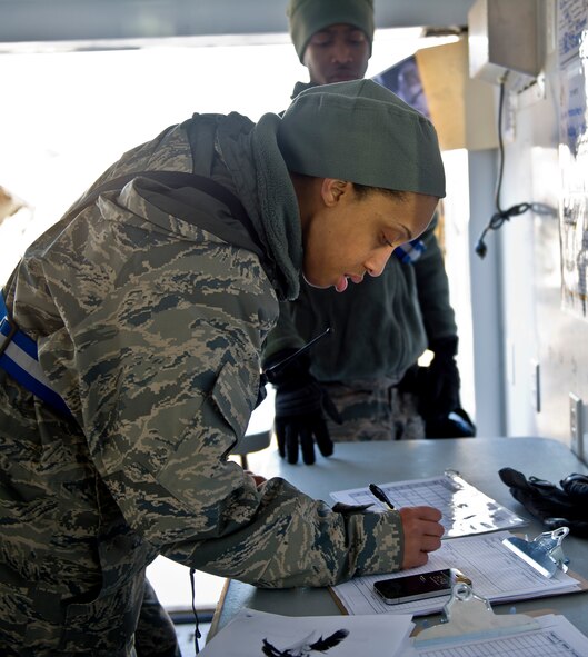 U.S. Air Force Senior Airman Asia Hollingsworth, 116th Medical Group, Georgia Air National Guard, annotates administrative documents during the Region 4 Homeland Response Force (HRF) external evaluation at Pelham Range, Anniston, Ala., Dec. 12, 2013. The medical group from the 116th Air Control Wing, stationed at Robins Air Force Base, Ga., is a key component of the Region 4 HRF whose mission is to respond during disasters in the Southeast U.S. region. During the evaluation, the task force comprised of Air and Army National Guardsmen, responded to various scenarios that tested their ability to save lives and mitigate suffering in order to ensure their preparedness in the event of an incident or catastrophic event. (U.S. Air National Guard photo by Master Sgt. Roger Parsons/Released)

