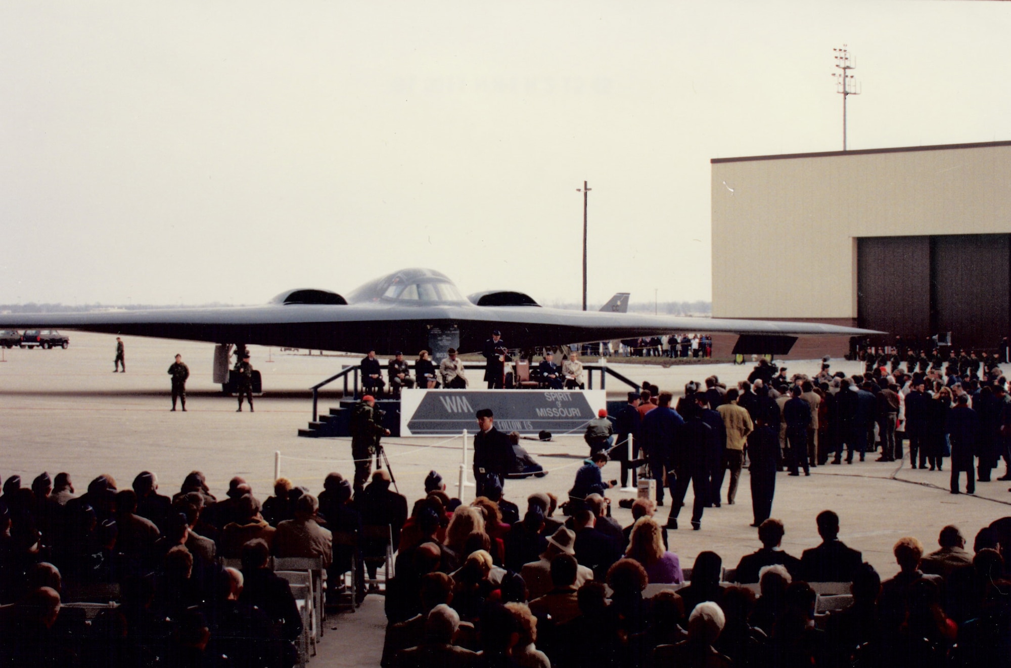 The Spirit of Missouri taxis down the Whiteman flightline for the first time upon its arrive here, Dec. 17, 1993. Whiteman has been home to the B-2 base for 20 years. (U.S. Air Force photo) 
 
