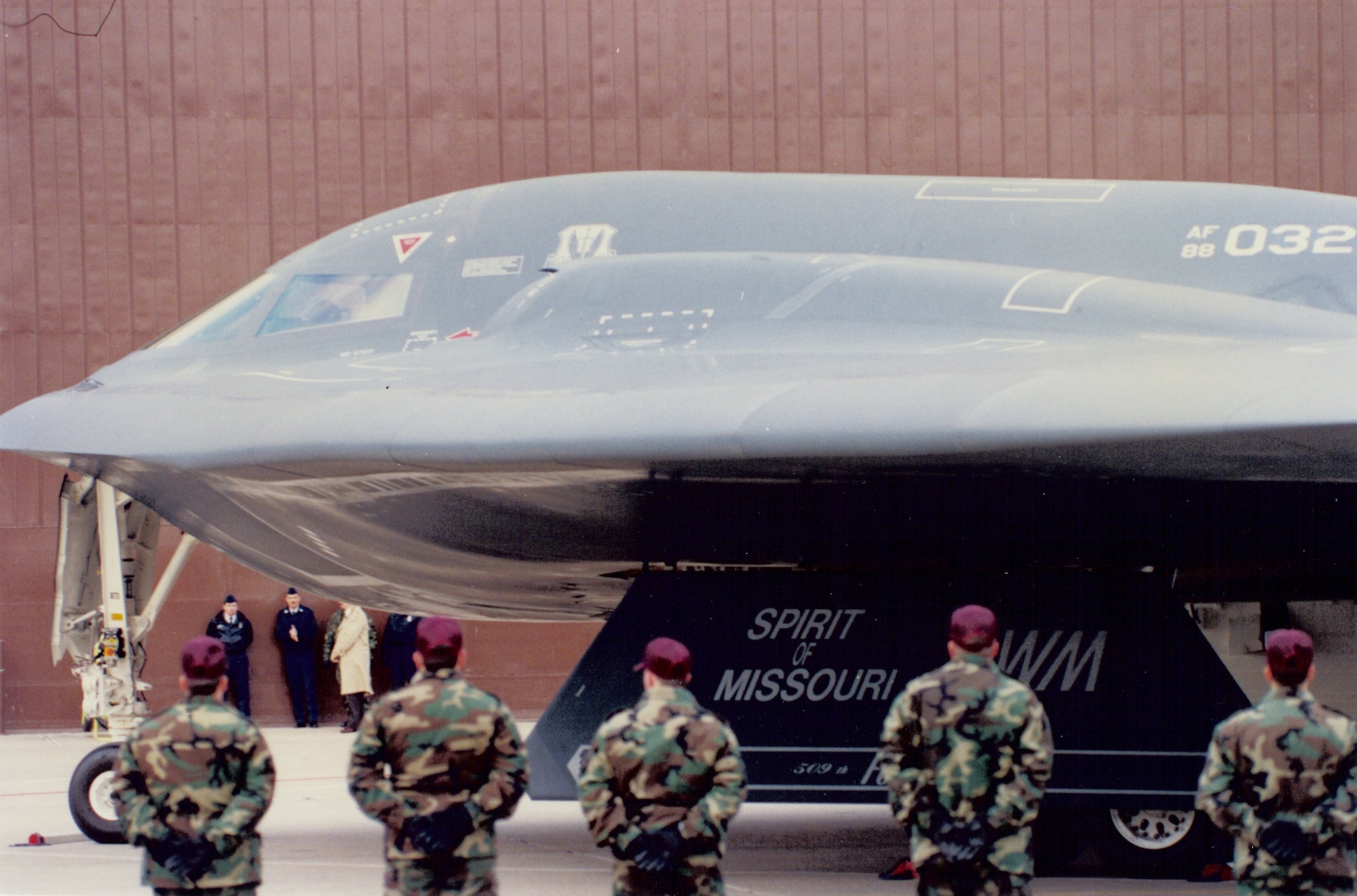 The Spirit of Missouri taxis down the Whiteman flightline for the first time upon its arrive here, Dec. 17, 1993. Whiteman has been home to the B-2 base for 20 years. (U.S. Air Force photo) 
 
