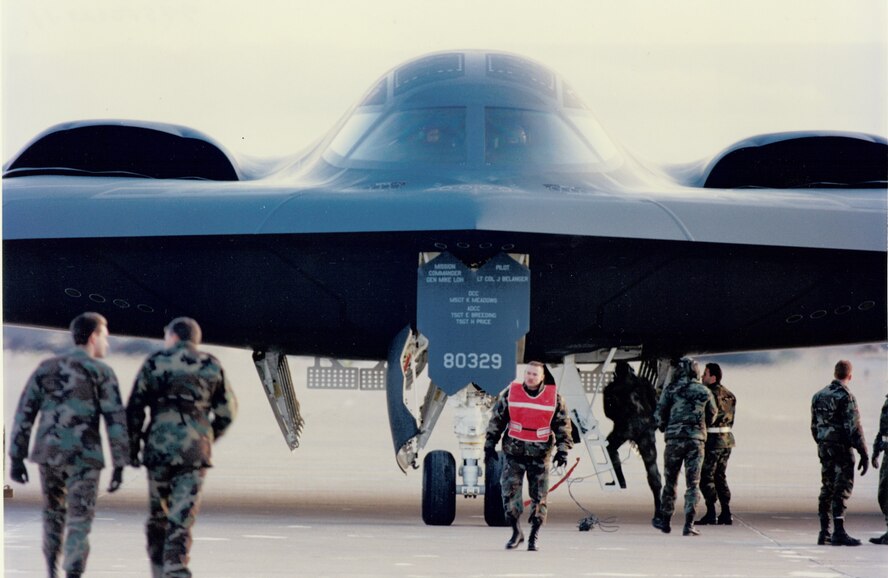 The Spirit of Missouri taxis down the Whiteman flightline for the first time upon its arrive here, Dec. 17, 1993. Whiteman has been home to the B-2 base for 20 years. (U.S. Air Force photo) 
 
