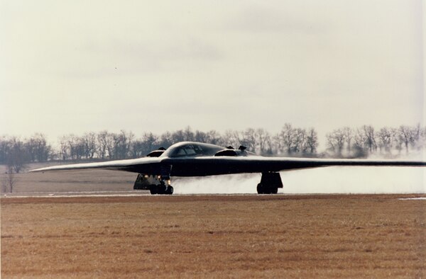 The Spirit of Missouri taxis down the Whiteman flightline for the first time upon its arrive here, Dec. 17, 1993. Whiteman has been home to the B-2 base for 20 years. (U.S. Air Force photo) 
 
