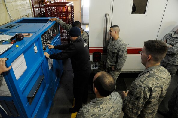 Josh Wendell, 341st Civil Engineer Squadron firefighter (center), shows Malmstrom firefighters how to operate a Mako Air System during a training session at the fire station Dec. 5. On average, firefighters at Malmstrom Air Force Base respond to 15 calls per week. (U.S. Air Force photo/Airman 1st Class Collin Schmidt)
