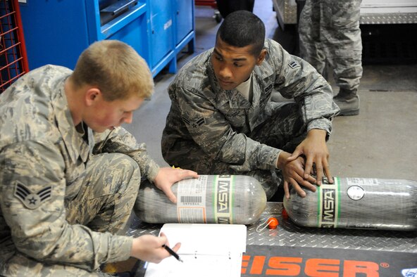Senior Airman Josh Grohe, 341st Civil Engineer Squadron firefighter (left), shows Airman 1st Class Vincent Stroud, 341st CES firefighter, how to log and verify Malmstrom fire station’s oxygen cylinder levels during a training session at the fire station Dec. 5. The oxygen cylinders, which are used to breath in a heavy smoke environment, are checked and verified after every use, which can be up to several times a day. (U.S. Air Force photo/Airman 1st Class Collin Schmidt)
