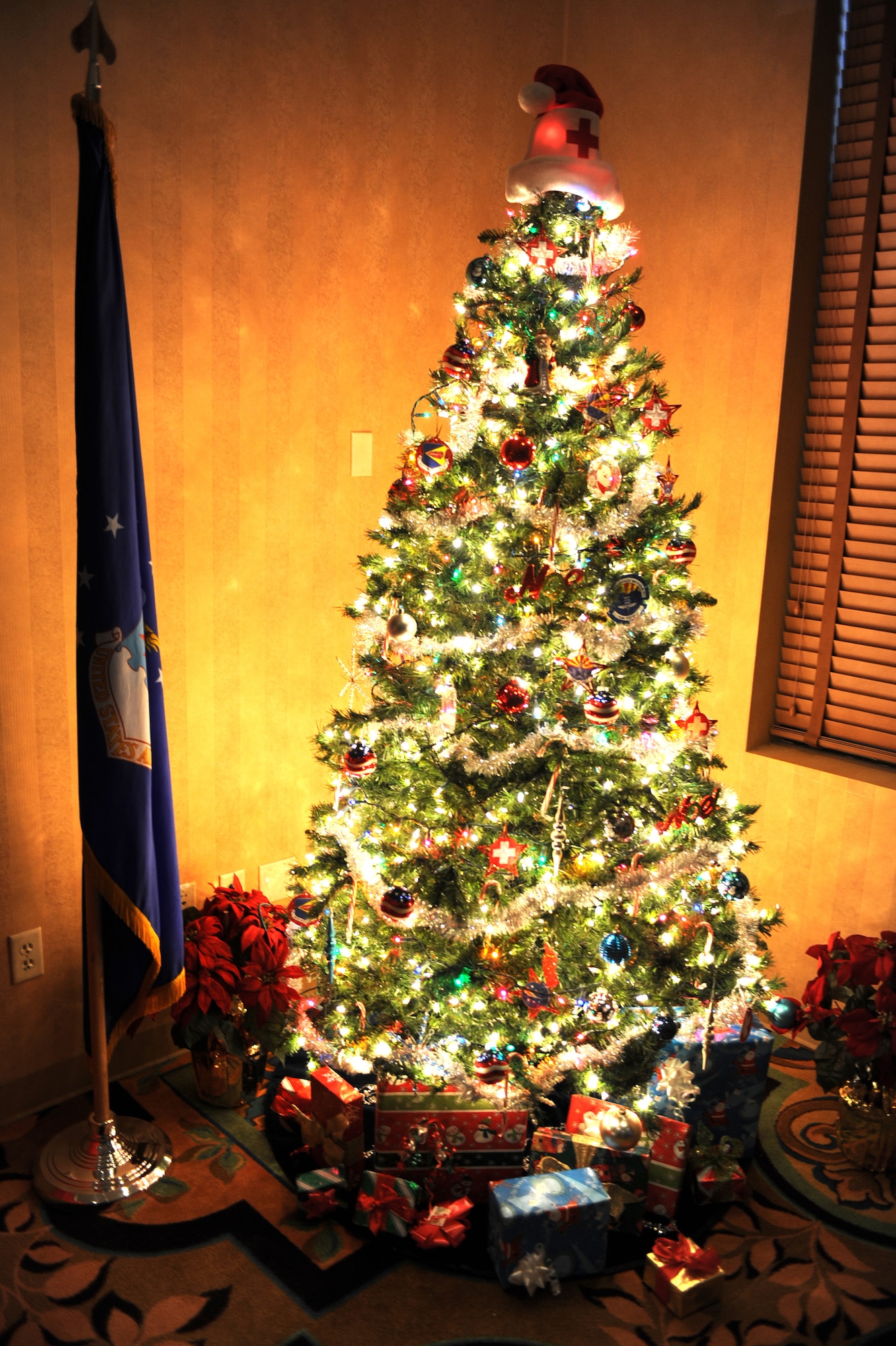 A Medical Group-themed Christmas tree adds to holiday decor to the "Pasta and Pajama Holiday Celebration" at the Mirage Club, Davis-Monthan Air Force Base, Ariz., Dec. 10, 2013.  The family event invited D-M members to attend wearing their pajamas, customize a pasta dish and watch "How the Grinch Stole Christmas." (U.S. Air Force photo by Airman 1st Class Chris Massey/Released)