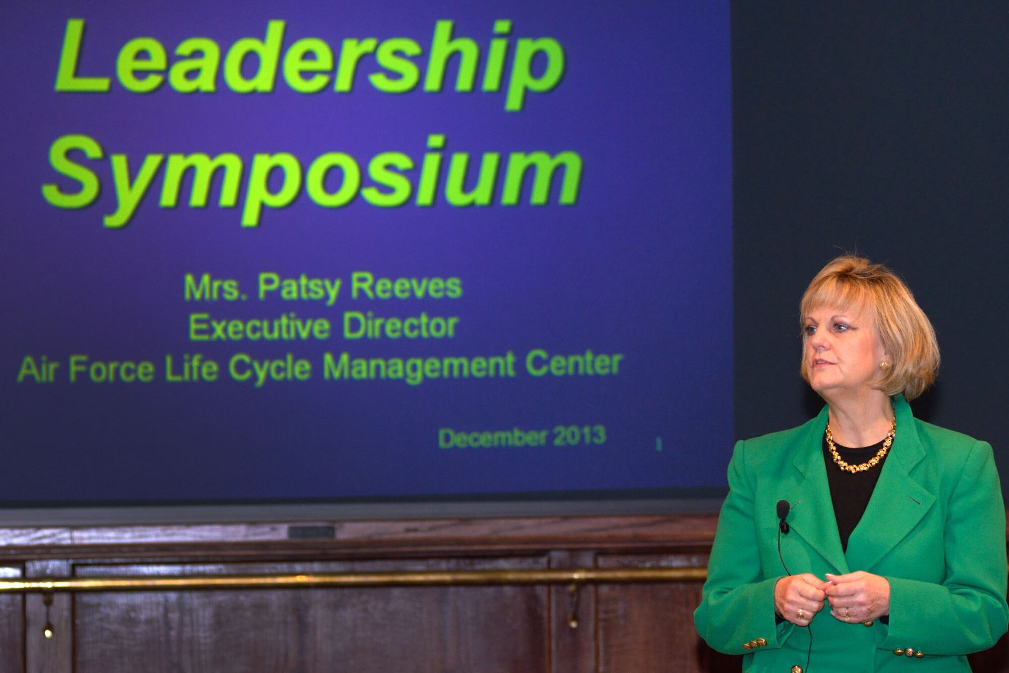 Air Force Life Cycle Management Center Executive Director Patsy Reeves discusses what it takes to be an effective leader during a four-day leadership symposium at the Hanscom Conference Center Dec. 10. While at Hanscom Dec. 9-11, Reeves also met with Hanscom’s PEOs, toured the base with 66th Air Base Group leadership and received overviews of Federally Funded Research and Development Center efforts managed by Hanscom, as well as a tour of MIT’s Lincoln Laboratory.  (U.S. Air Force photo by Rick Berry)