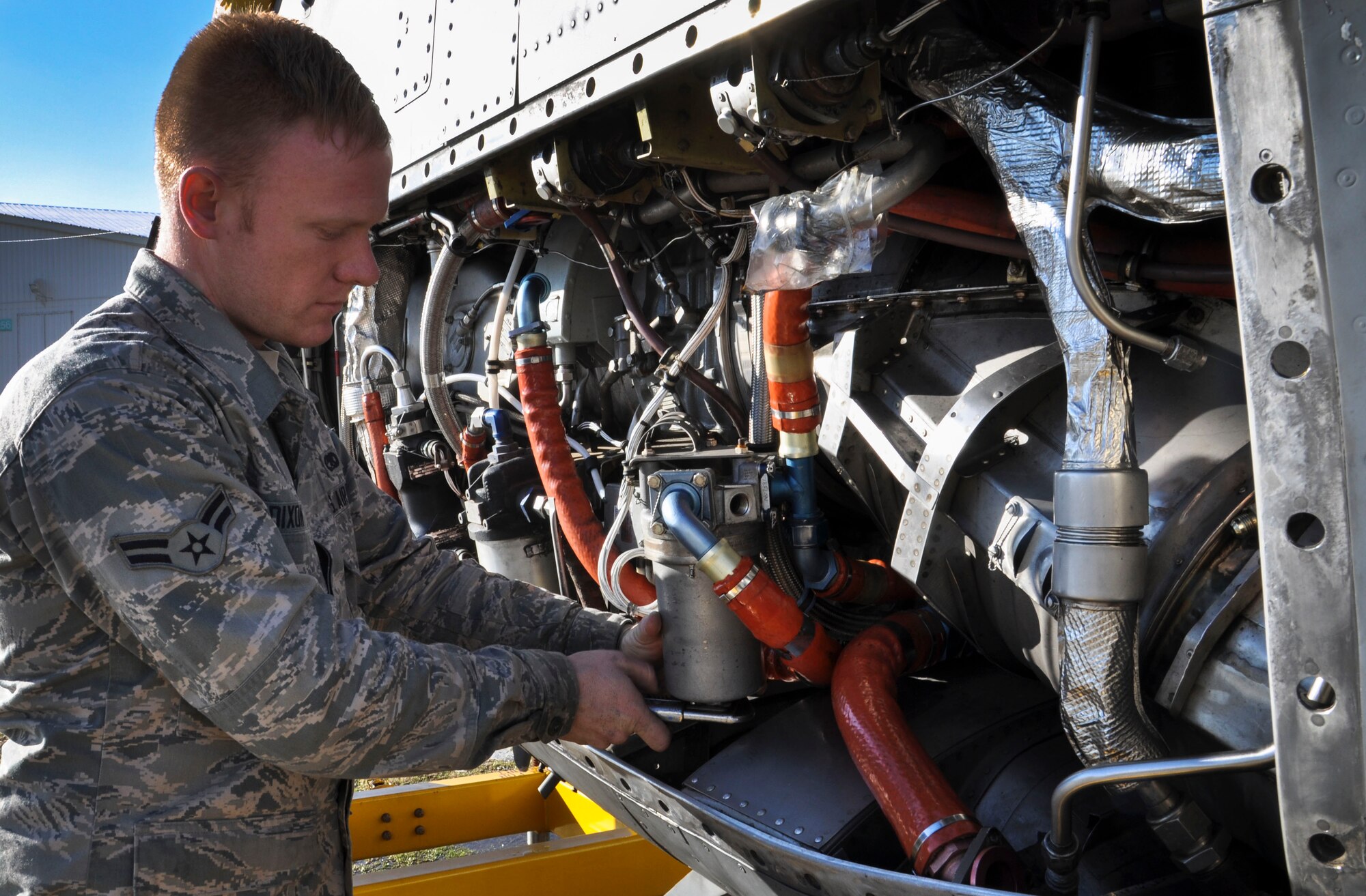 Airman 1st Class Sterling Dixon, a 314th Aircraft Maintenance Squadron aerospace propulsion apprentice, changes the filter on a training engine Dec. 10 at Little Rock Air Force Base, Ark. Filters are changed due to contamination or if they’re dirty. Dixon, an Edgewood, Texas, native, plans on pursuing a bachelor’s degree in Applied Engineering. (U.S. Air Force photo by Senior Airman Regina Agoha)