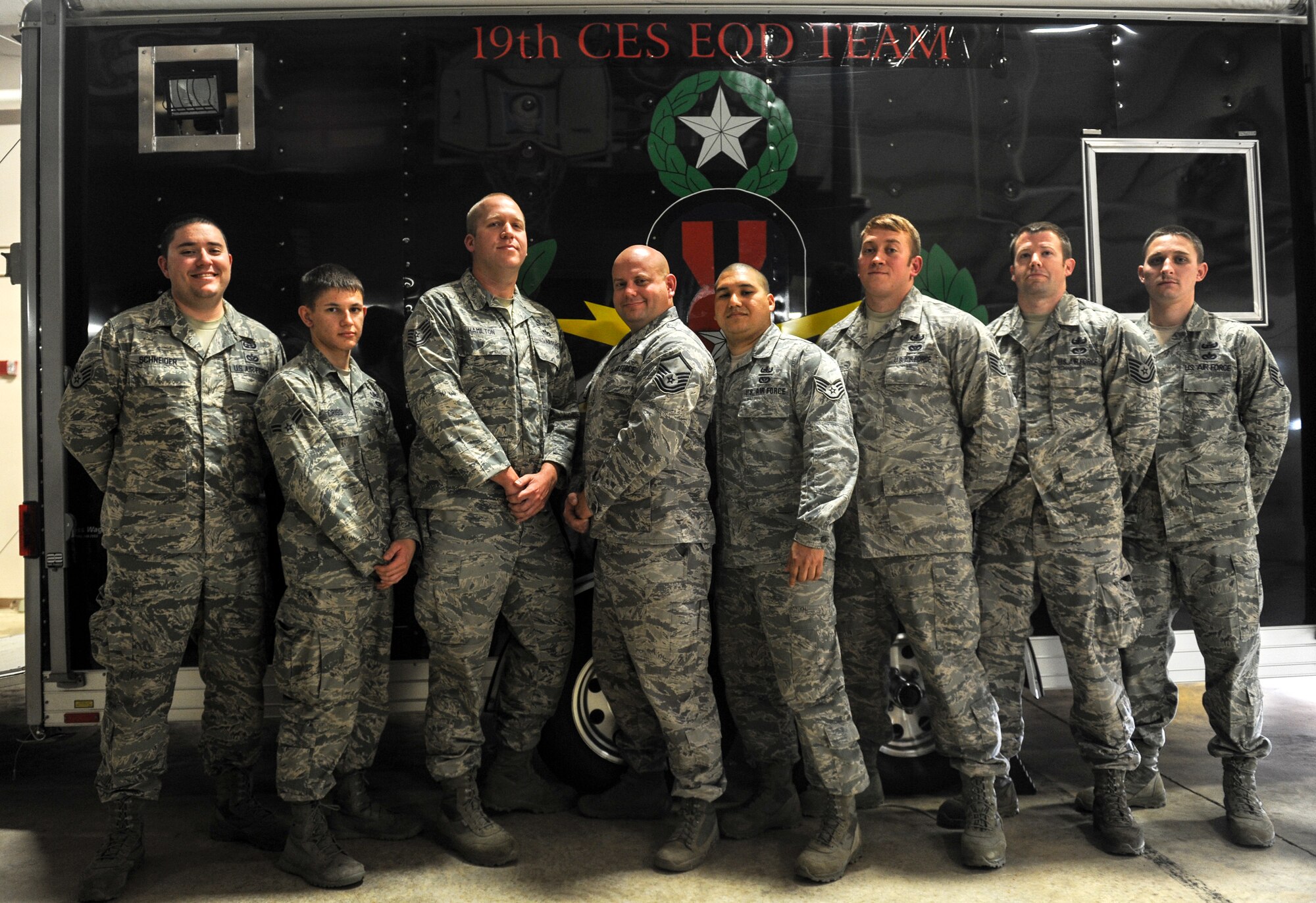 The 19th Civil Engineer Squadron, Explosive Ordnance Device team poses for a photo Nov. 8, 2013, at Little Rock Air Force Base, Ark. The team was recently selected by Air Mobility Command as the winner of the Senior Master Sgt. Gerald J. Stryzak Award for best EOD flight. (U.S. Air Force photo by Staff Sgt. Jessica Condit)
