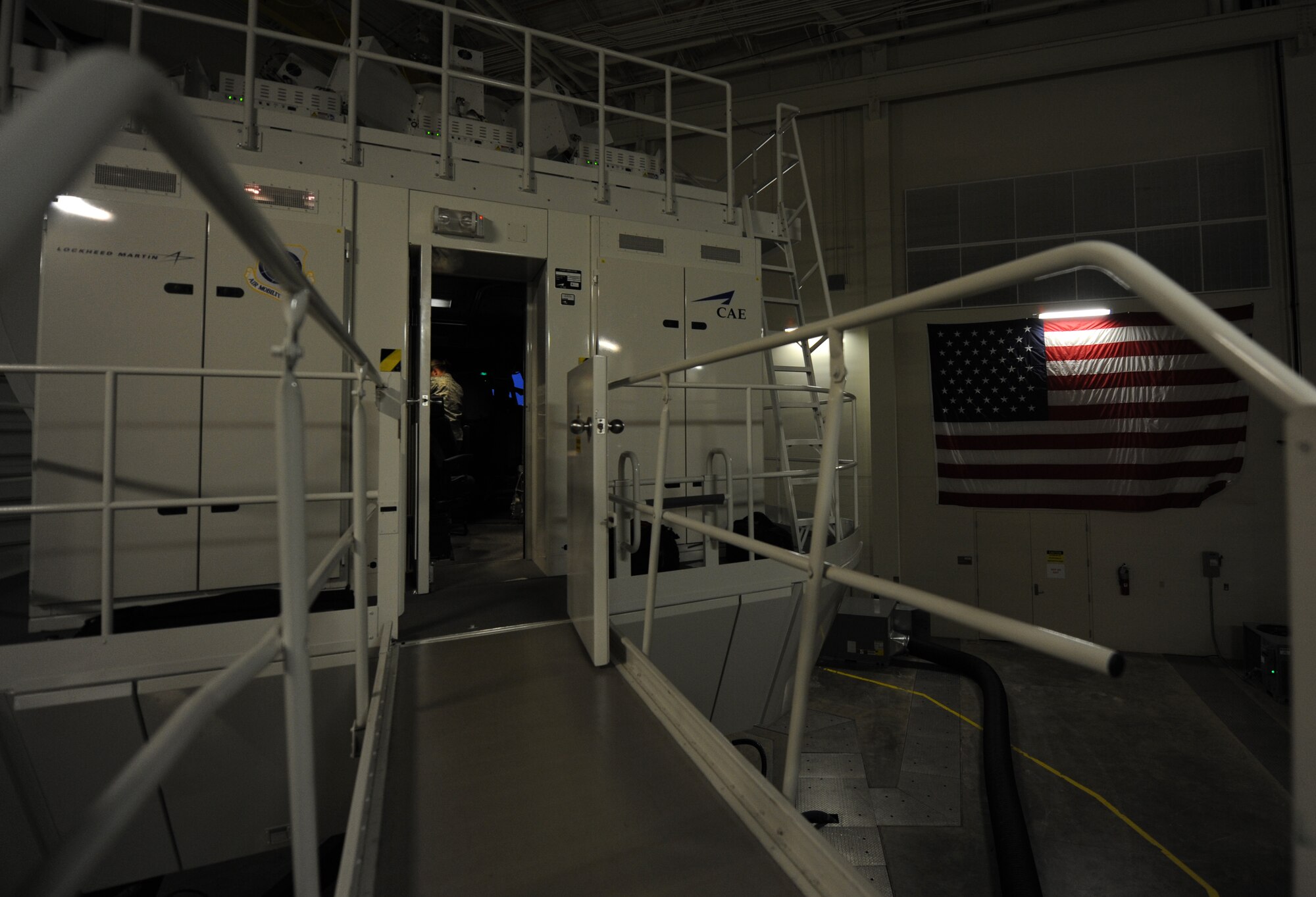 A C-130J Maintenance and Aircrew Training System simulator is set up for a flight Nov. 21, 2013, at Little Rock Air Force Base, Ark. The Lockheed Martin MATS simulator provides a comprehensive range of training devices and training support services for aircrews, including aircrew instruction, operations, contractor logistics support and engineering services. (U.S. Air Force photo by Staff Sgt. Caleb Pierce)