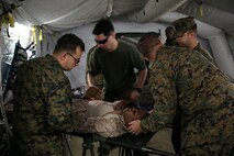 Sailors with 2nd Medical Battalion, Combat Logistics Regiment 25, 2nd Marine Logistics Group treat a simulated casualty in the forward resuscitative surgical system (FRSS) during a mass casualty exercise aboard Camp Lejeune, N.C., Dec 12, 2013. Prior to entering the FRSS, the casualty was rescued by service members, treated in the field, and then safely lowered onto a stretcher and brought into the tent. (U.S. Marine Corps photo by Lance Cpl. Shawn Valosin)