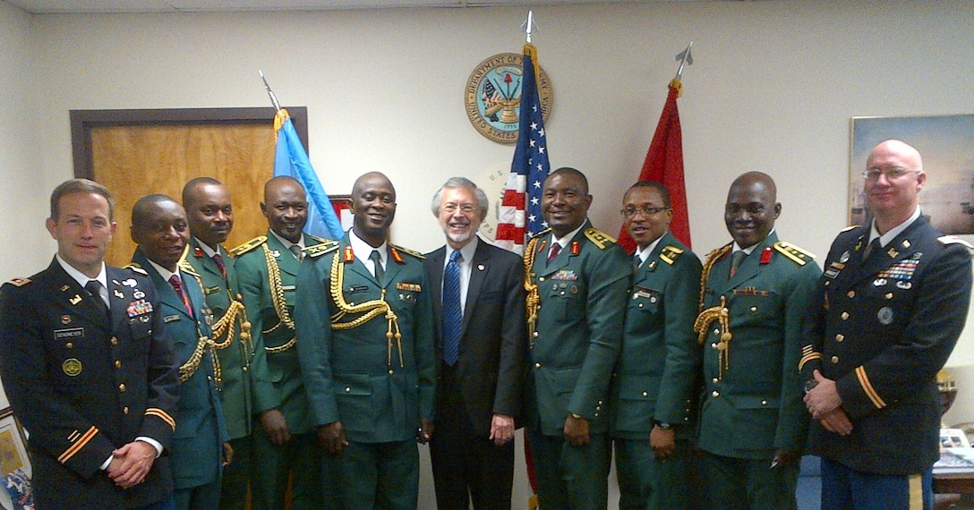 Members of the Nigerian Army Engineers visited the Institute for Water Resources on December 12, 2013 to exchange information about dredging and other water resources initiatives.  Left to right: LTC Sendmeyer, MAJ Ugbuji, COL Numbere, LTC Jungudo, MG Owonibi, Mr. Pietrowsky, BG Okonkwo, CPT Bello, COL Ariyo, MAJ Ringquist.