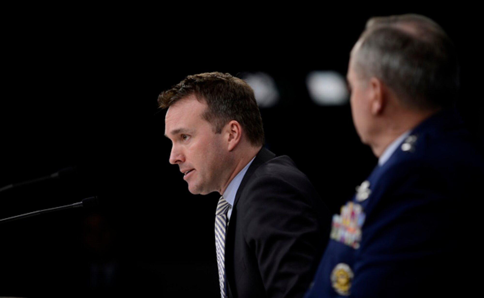 Acting Secretary of the Air Force Eric T. Fanning and Air Force Chief of Staff Gen. Mark A. Welsh III present the "State of the Air Force," during a Pentagon press briefing Dec. 13, 2013.  During the briefing, Fanning and Welsh addressed current Air Force challenges, to include sequestration's impacts to readiness, modernization and force structure, and their efforts to plan for a credible capable force over the next 10 years.  (U.S. Air Force photo/Scott M. Ash)