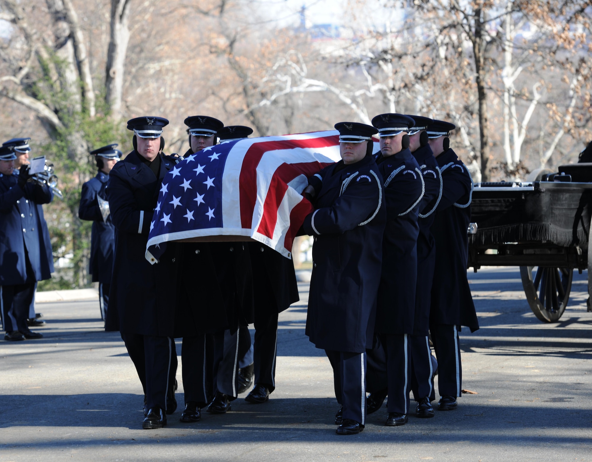 U.S. Air Force Honor guardsmen carry Col. Francis J. McGouldrick Jr.’s casket to his final resting place Dec. 13, 2013, at Arlington National Cemetery, Va. McGouldrick was missing in action since 1968 when his plane collided with another plane. His remains were found in a remote jungle in Laos. (U.S. Air Force photo/Airman 1st Class Nesha Humes)