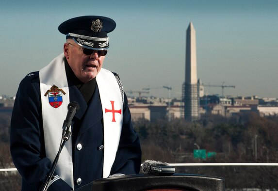 Chaplain (Col.) David Fitz-Patrick gives the closing benediction during a celebration of life ceremony for Col. Francis McGouldrick Jr. Dec. 13, 2013, at the Air Force Memorial in Arlington, Va. McGouldrick Jr. was declared missing in action on Dec. 13, 1968 in Laos, following a mid-air collision while serving as the navigator on a B-57 Canberra. ( U.S. Air Force photo/Staff Sgt. Carlin Leslie)