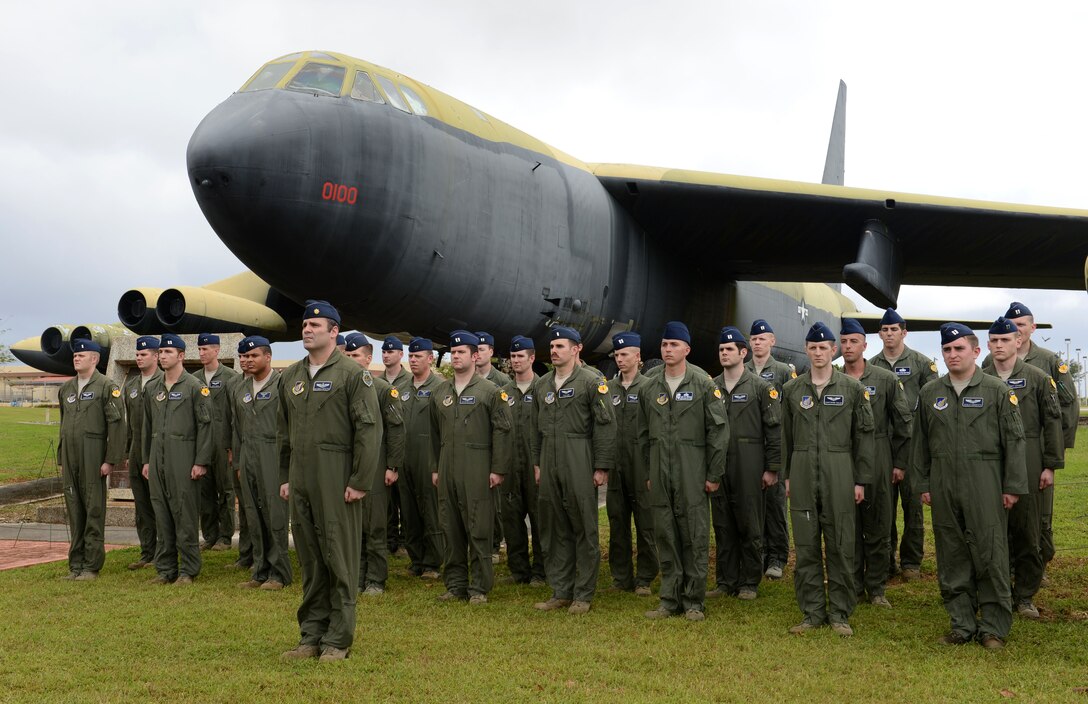 Thirty-three aircrew members from the 36th Expeditionary Bomb Squadron stand in formation to represent the 33 crewmembers who died during Operation Linebacker II Dec. 13, 2013, on Andersen Air Force Base, Guam. The Linebacker II ceremony observed the 41st year of the campaign that led to the end of the Vietnam War and honored the sacrifice and commitment the service members made. (U.S. Air Force photo by Airman 1st Class Emily A. Bradley/Released)