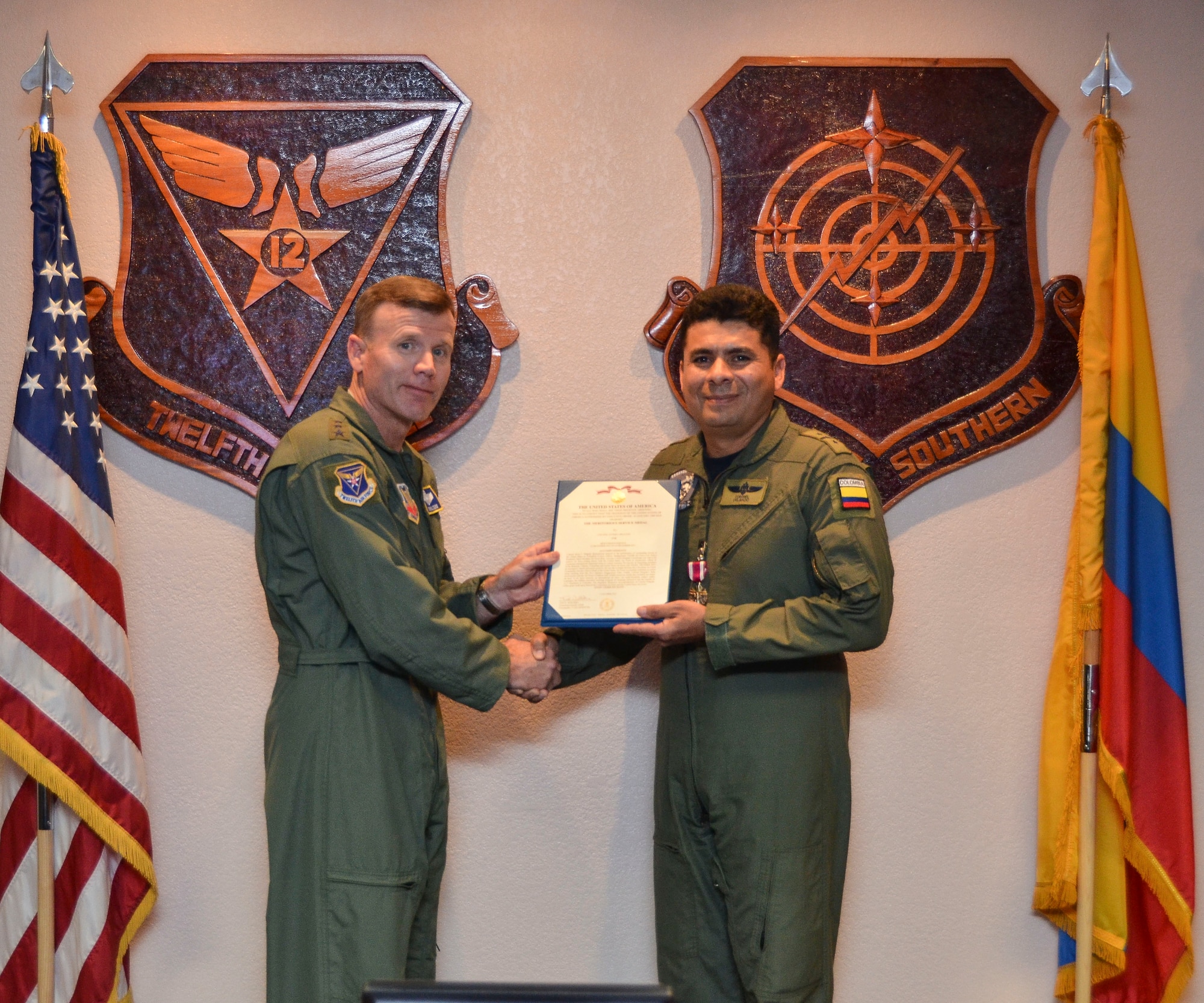 Col. Javier I. Delgado, 12th AF (AFSOUTH) Colombian liaison officer, earned the Meritorious Service Medal for his outstanding service to the United States as Colombian liaison officer. His leadership was vital in the joining of forces between his nation’s air force and the United States Air Force to synchronize efforts in countering transitional organized crime in Central America.