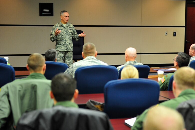 JOINT BASE MCGUIRE-DIX-LAKEHURST, N.J. -- Maj. Gen. Frederick "Rick" Martin, U.S. Air Force Expeditionary Center commander, speaks to 621st Contingency Response Wing air mobility liaison officers during the AMLO Training All-Call 2013 here, Dec. 3, 2013. The week-long training was filled with briefings and Q and A sessions covering AMLO issues, drop zone and landing zone operations training, air drops, dynamic cone penetrometer training, and Self-Aid Buddy Care training. (U.S. Air Force photo by Staff Sgt. Gustavo Gonzalez)