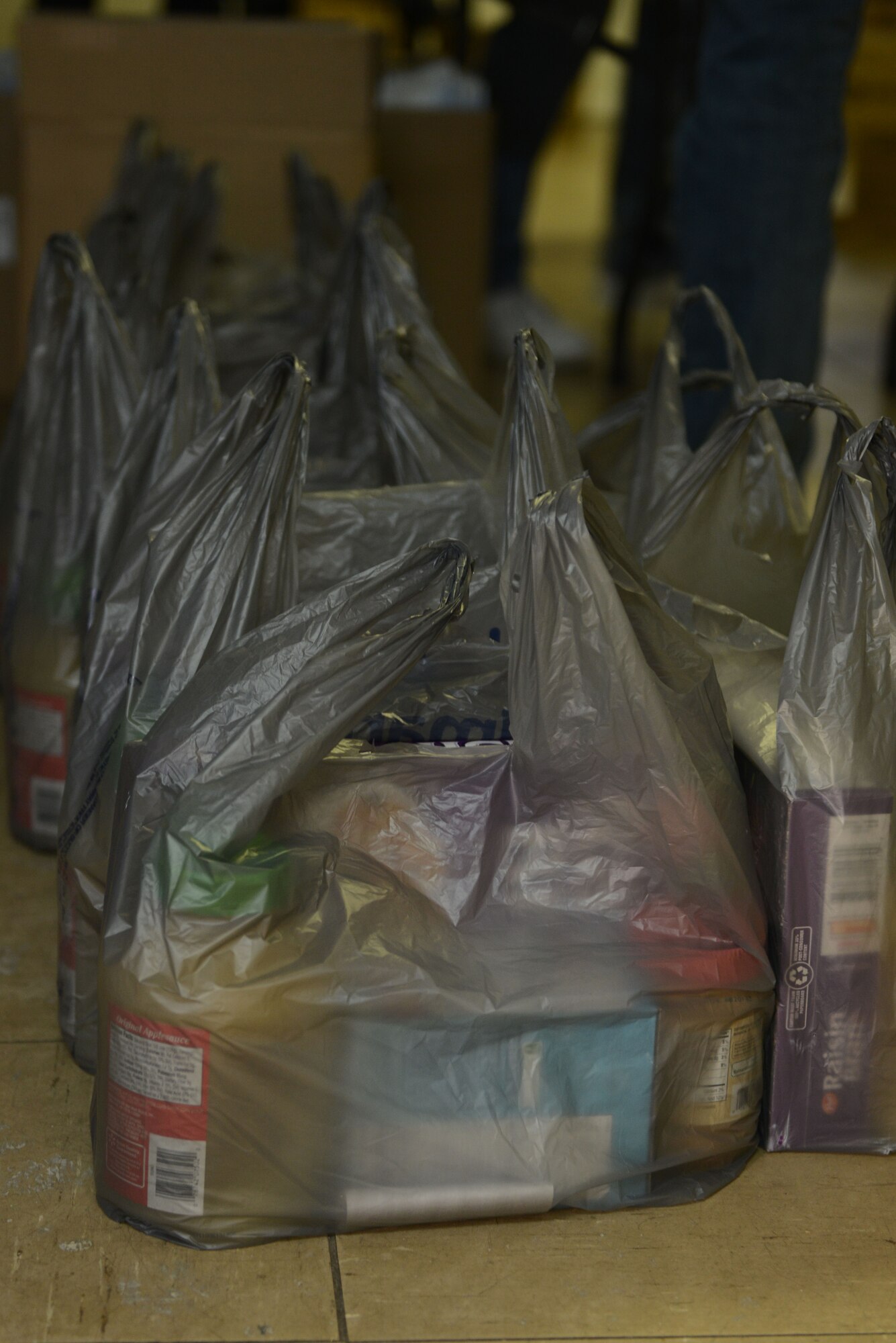 Members from the Air Land Sea Application Center at Langley Air Force Base packed food bags for the home-bound elderly in Newport News, Va., Dec. 10, 2013. The group volunteered with the Peninsula Agency on Aging program, who delivered the 370 food bags to local recipients. (U.S. Air Force photo by Airman 1st Class Kimberly Nagle/Released)