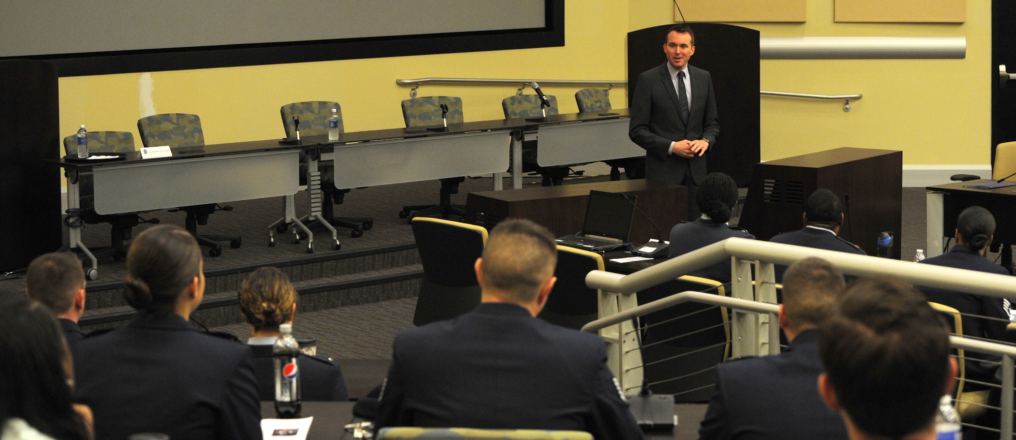 Acting Secretary of the Air Force Eric Fanning answers questions during the 2013 Capital Airmen Development Seminar at the General Jacob E. Smart Center on Joint Base Andrews, Md., Dec. 5, 2013. Fanning responded to questions about topics ranging from sequestration and furloughs, to the budget and readiness issues. (U.S. Air Force photo/Tech. Sgt. Tammie Moore)